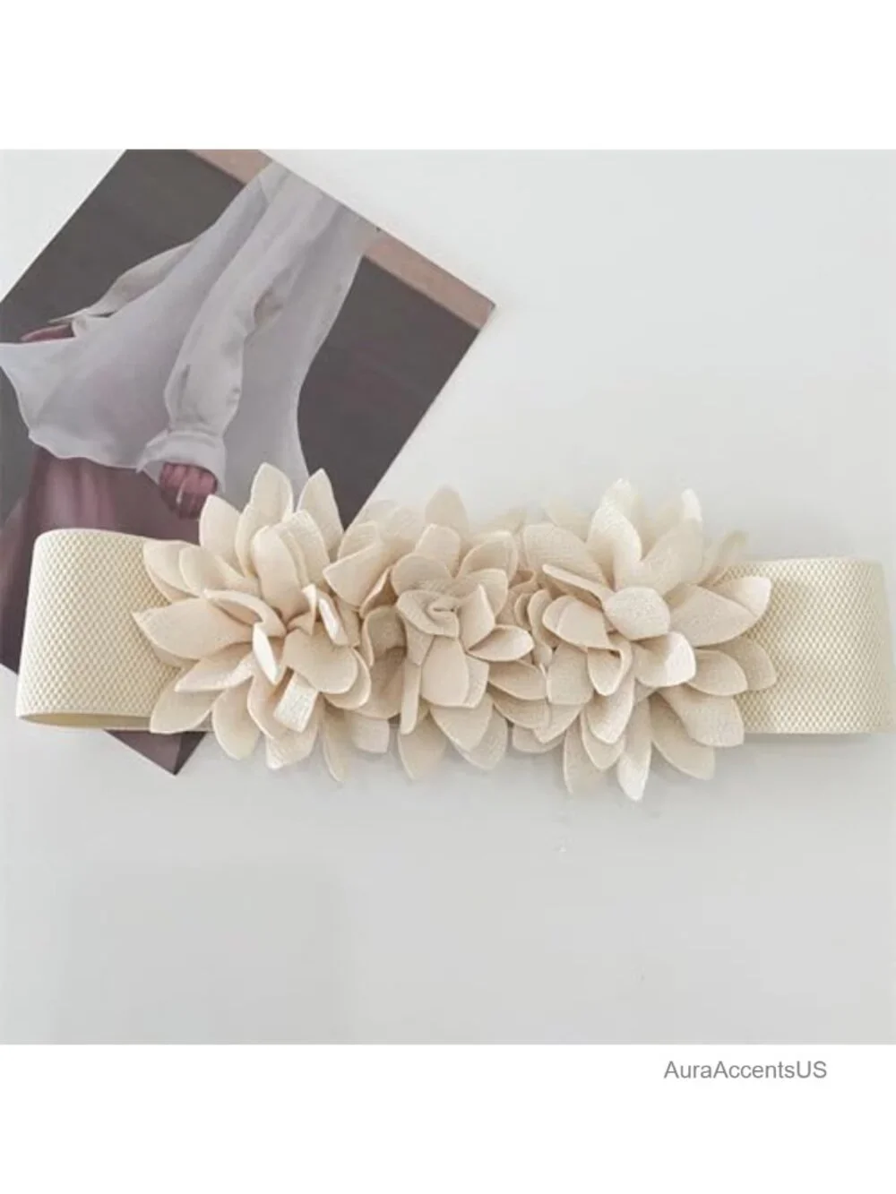 Womens Floral Bow Wide Elastic Waist Stretch Cinch Belt Faux Leather